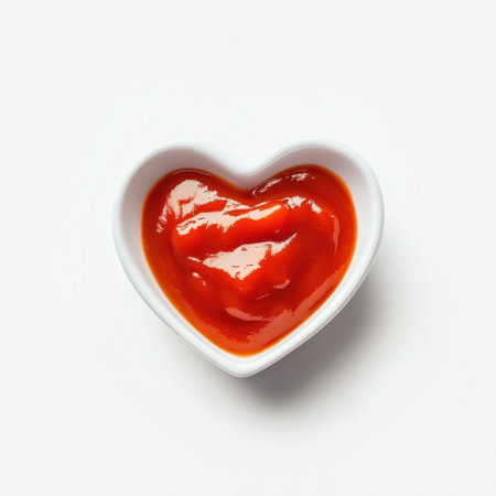 A vibrant heart-shaped white bowl filled with glossy red ketchup, perfect for adding a touch of love to meals and suitable for food photography showcasing culinary delight.の素材