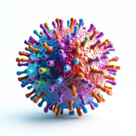 This vibrant 3D rendering depicts a virus structure, showcasing spike proteins and detailed textures, ideal for educational and scientific uses in biology.の素材