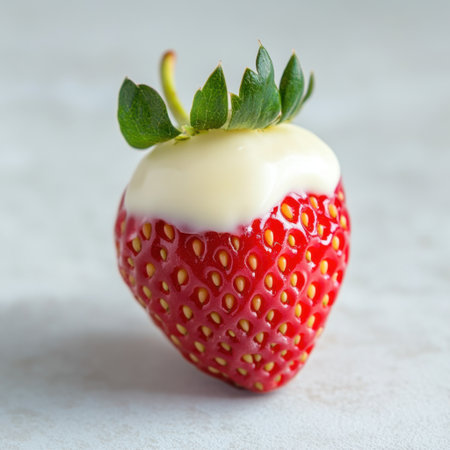 A vibrant strawberry is beautifully dipped in smooth white chocolate, making it an ideal visual for desserts and snacks, highlighting freshness and indulgence.の素材