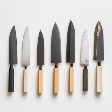 This image showcases a stunning collection of chef knives with diverse blade designs, perfect for culinary enthusiasts seeking quality kitchen tools for food preparation.の素材