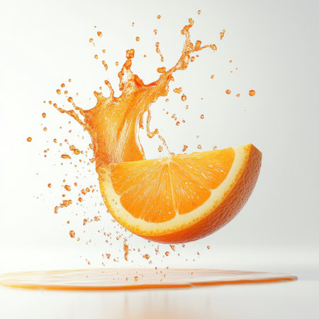 A stunning image of a fresh orange slice creating a dynamic water splash on a white background, perfect for visually representing healthy food choices and refreshing drinks.の素材