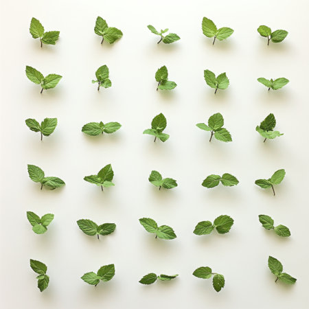 A visually appealing arrangement of fresh green leaves on a clean white background. This image captures the beauty of nature and simplicity, perfect for various design needs.の素材