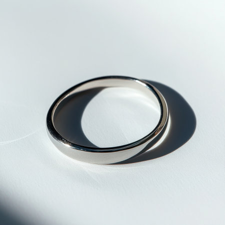 A stunning silver ring lies gracefully on a white surface, capturing light and shadow, ideal for showcasing jewelry designs and fashion-related themes.の素材