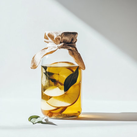 A beautiful glass jar filled with refreshing herbal drink featuring apple slices and vibrant greenery. Perfect for promoting wellness and healthy living, this image showcases simplicity and natural appeal.の素材