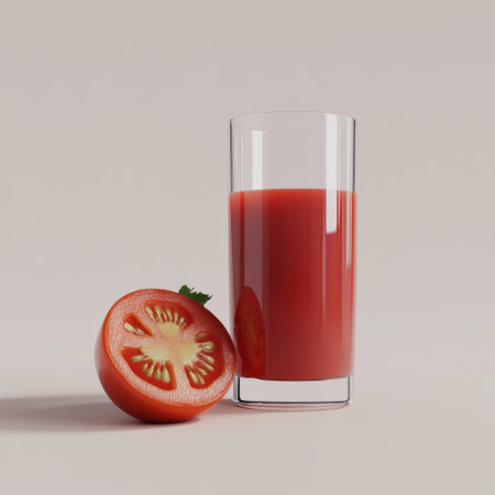 A refreshing glass of vibrant tomato juice beside a sliced ripe tomato portrays freshness and health. Perfect for smoothies, meals, or snacks.の素材