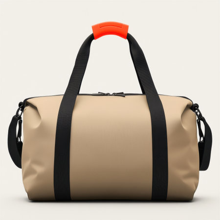 This stylish beige duffel bag features a vibrant orange handle and sturdy straps, designed for convenience on trips to the gym or weekend getaways.の素材