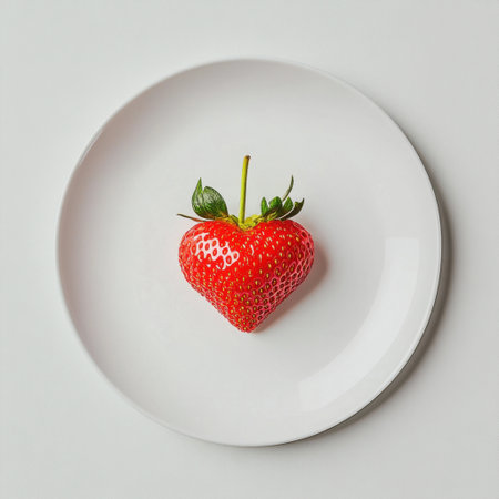 A vibrant red strawberry sits on a clean white plate, embodying freshness and simplicity, perfect for enhancing culinary presentations or promoting healthy living.の素材