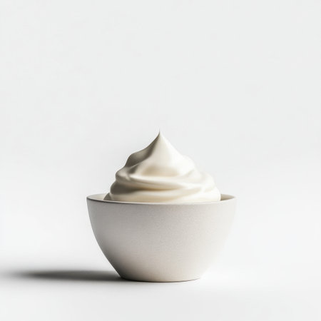 A minimalist image of creamy whipped topping nestled in a simple white bowl, perfect for enhancing food photography and culinary art. Ideal for modern usage.の素材