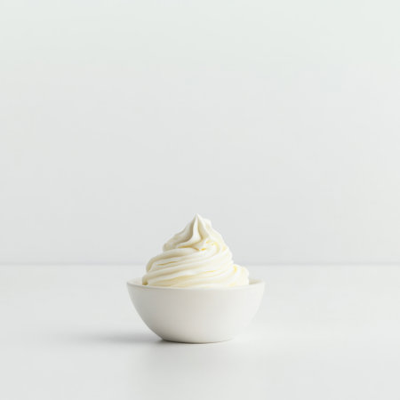 A delightful bowl filled with creamy whipped topping sits against a minimalistic background, perfect for enhancing desserts and adding a touch of elegance to any dish.の素材