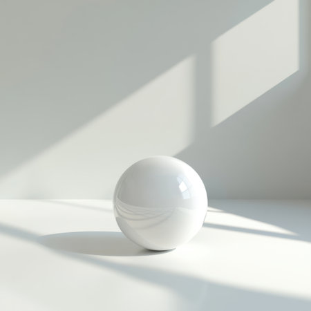 A stunning minimalist composition featuring a white sphere placed on a plain surface, illuminated by soft natural light casting delicate shadows, creating a serene atmosphere.の素材