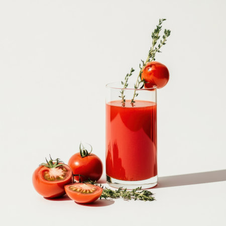 Enjoy a vibrant and refreshing glass of fresh tomato juice garnished with thyme, complemented by ripe tomatoes, perfect for a healthy lifestyle and nutritious recipes.の素材