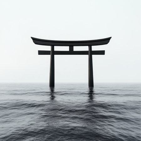 A minimalist image featuring a torii gate standing majestically in calm waters. The scene evokes a sense of peace and tranquility, perfect for serene environments.の素材