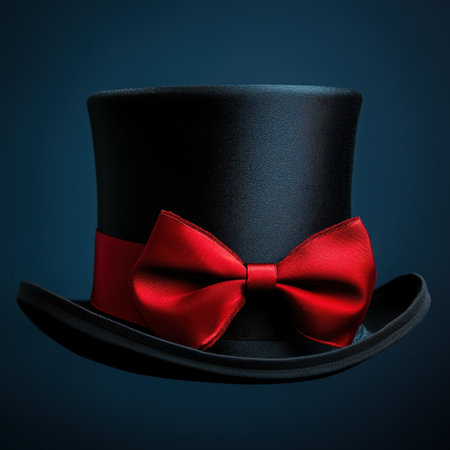 This elegant black top hat features a vibrant red satin bow tie, set against a dark gradient background, ideal for formal events, performances, or stylish portraits.の素材
