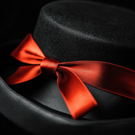 A stunning black hat highlighted by a striking red ribbon, showcasing the perfect blend of elegance and style, ideal for formal occasions and fashion photography.の素材