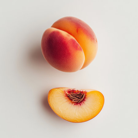 This vibrant image features a fresh peach and a sliced peach half, showcasing its enticing colors and textures against a clean white background. Perfect for food themes.の素材