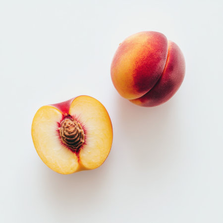 A beautiful display of fresh peaches, one whole and one sliced in half, showcasing their vibrant colors and textures against a clean white background. Ideal for food enthusiasts.の素材