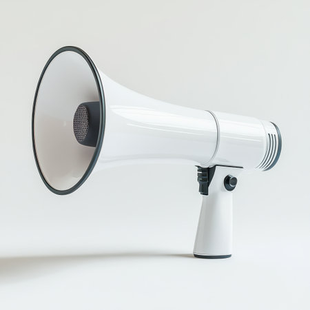 This image features a white megaphone set against a plain background, showcasing its sleek and modern design, ideal for enhancing public announcements and promotions.の素材