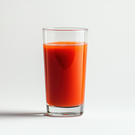 A bright red beverage in a clear glass showcases its vibrant color against a simple background. Ideal for health promotions or beverage advertisements.の素材