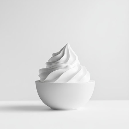 A delightful bowl of creamy soft serve ice cream sits against a minimalistic backdrop, showcasing its smooth texture and inviting swirl, perfect for food and dessert themes.の素材
