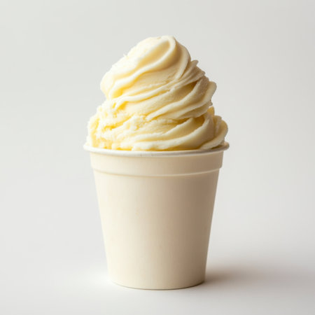Indulge in the delightful visuals of this creamy soft serve ice cream served in a plain white cup, ideal for summertime treats and dessert inspirations.の素材