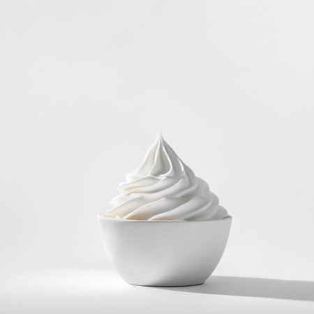 A beautifully crafted soft serve ice cream in a white bowl, showcasing a creamy swirl on a pristine background. Ideal choice for food photography and dessert themes.の素材