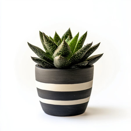A charming potted succulent featuring striking green leaves in a stylish black and white striped pot, perfect for adding a touch of nature to any indoor space.の素材