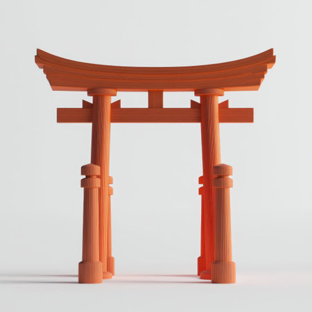 This image features a 3D model of a traditional torii gate, brightly colored in orange, set against a clean white backdrop. It symbolizes Japanese culture and spirituality.の素材