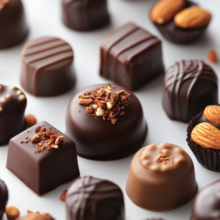A beautiful close-up of assorted dark chocolate bonbons featuring various textures and toppings, perfect for gourmet treat displays or gifting occasions with elegance.の素材