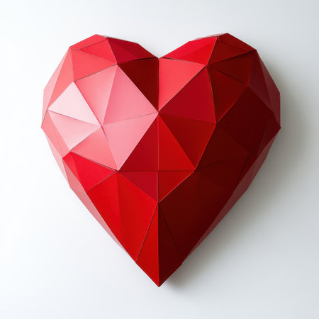 This striking geometric red heart sculpture features triangular facets that create a bold and modern visual impact, perfect for contemporary decor and creativity.の素材