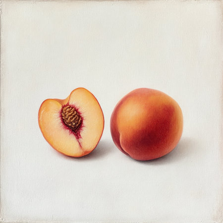 A beautiful depiction of a fresh peach and its slice showcasing vibrant colors and natural textures, perfect for healthy lifestyle themes and culinary uses.の素材