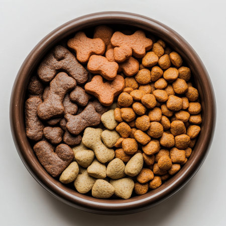 A vibrant display of assorted pet food in a brown bowl, featuring various shapes and textures, ideal for nourishing furry friends and enhancing mealtime enjoyment.の素材