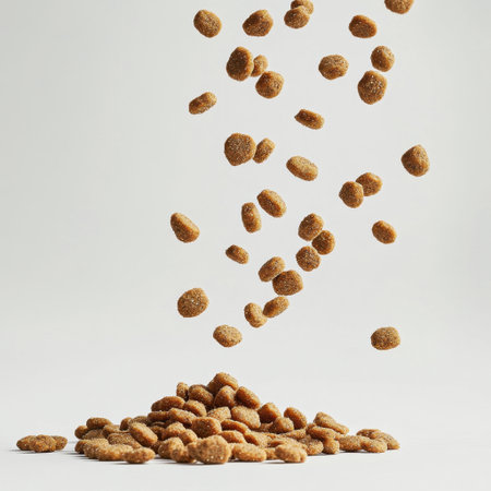 A dynamic image showcasing kibble pieces in mid-air above a larger pile. This visual captures the essence of pet feeding, offering insights into nutritious pet food options.の素材
