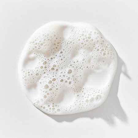This image features a circular formation of white soap foam filled with bubbles, set against a smooth white background, conveying cleanliness and freshness for product displays.の素材