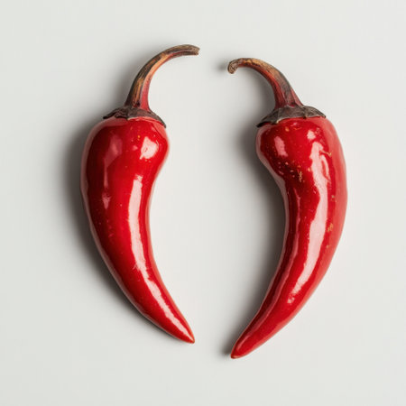 A captivating image featuring two red chili peppers arranged symmetrically on a neutral background, perfect for food photography, recipe illustrations, and culinary arts.の素材