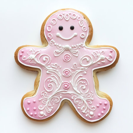 A delightful gingerbread cookie with pink icing and intricate decorative swirls. Perfect for holiday celebrations, this sweet treat brings warmth and joy to any festive occasion.の素材