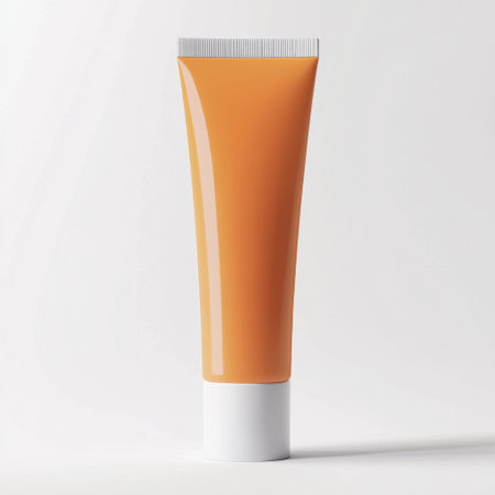 A vibrant orange cream tube mockup designed for skincare or cosmetic products, featuring a sleek and modern aesthetic. Ideal for promotional and marketing projects.の素材