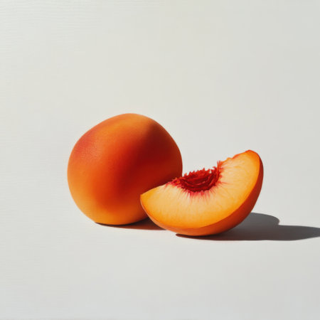 A fresh organic peach showcases its smooth skin beside a sliced half, set against a minimalist white background, embodying health and delicious flavor ideals.の素材