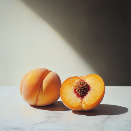A fresh peach rests on a smooth marble surface, beautifully illuminated by natural light, showcasing its vibrant color and inviting appearance, ideal for food lovers.の素材