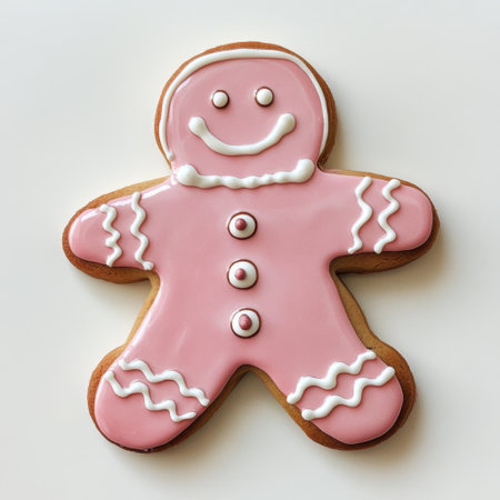 Delightful pink frosted gingerbread cookie with a smiling face, perfect for festive occasions. A charming treat to celebrate holidays and create joyful moments.の素材
