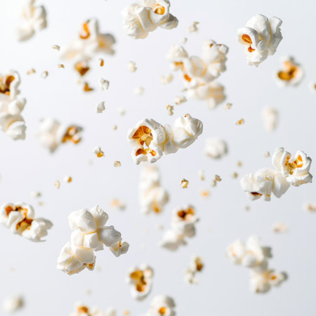 A vibrant and playful scene featuring air-popped popcorn floating in mid-air against a bright white background. Perfect for celebrating snacks and culinary joy.の素材