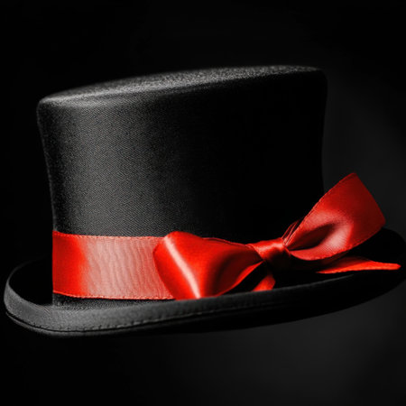 This striking black top hat features a bright red ribbon, creating a stunning contrast against the dark background. Ideal for parties and festive occasions.の素材
