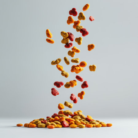 A lively display of colorful cereal pieces cascading down in mid-air, set against a neutral background. This playful visual captures the joy of breakfast and snack time.の素材