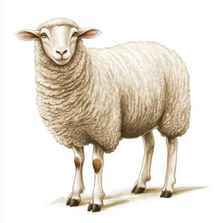 This illustration features a standing sheep with a fluffy wool coat and a gentle expression, perfect for conveying the charm of rural farm life and nature themes.の素材