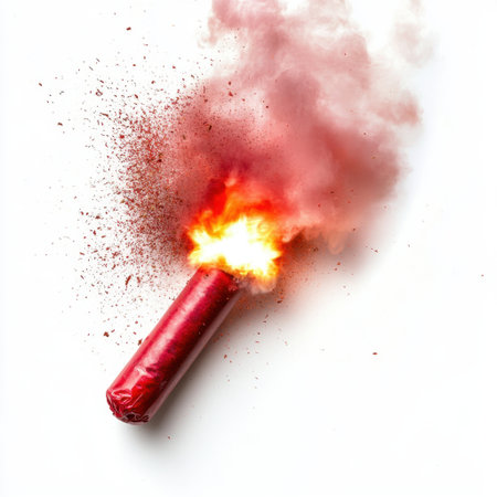 A dynamic photo capturing a red smoke bomb as it detonates, releasing vibrant clouds of colored powder. Perfect for showcasing excitement and creativity in design.の素材
