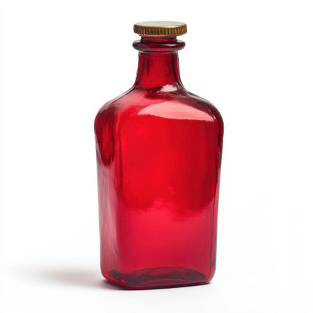 This vintage red glass bottle features a gold cap and has a shiny, smooth surface. Ideal for creative projects, still life photography, and home decoration.の素材
