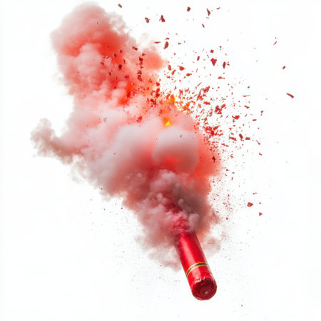 Capture the essence of explosive creativity with this striking image of a red smoke bomb releasing a vibrant cloud of color and dynamic debris against a clean background.の素材