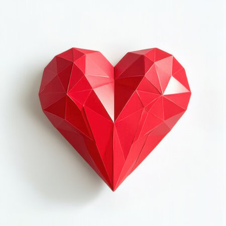 A striking geometric red heart artwork stands out against a clean minimalist background, perfect for adding a touch of love and artistry to any romantic setting or event.の素材