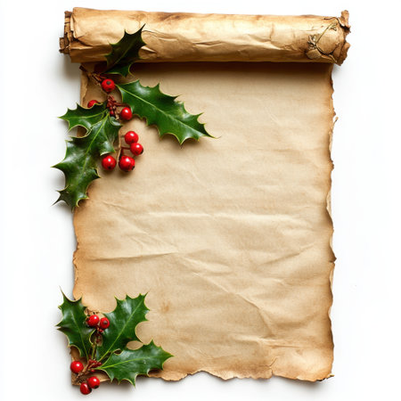 An old parchment scroll adorned with vibrant holly leaves and red berries, ideal for crafting holiday messages or invitations to festive gatherings.の素材