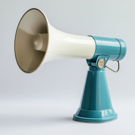 A charming vintage megaphone featuring a light blue body and cream-colored horn, perfect for announcements or as a stylish prop in creative photography projects.の素材