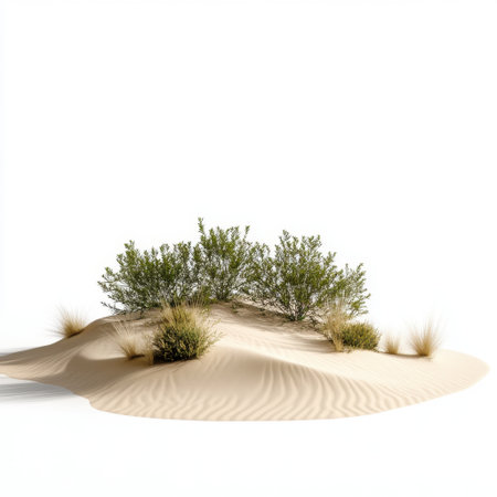 A tranquil scene showcasing a desert landscape, where soft sand dunes meet sparse vegetation under a clear blue sky, creating a serene and peaceful atmosphere.の素材